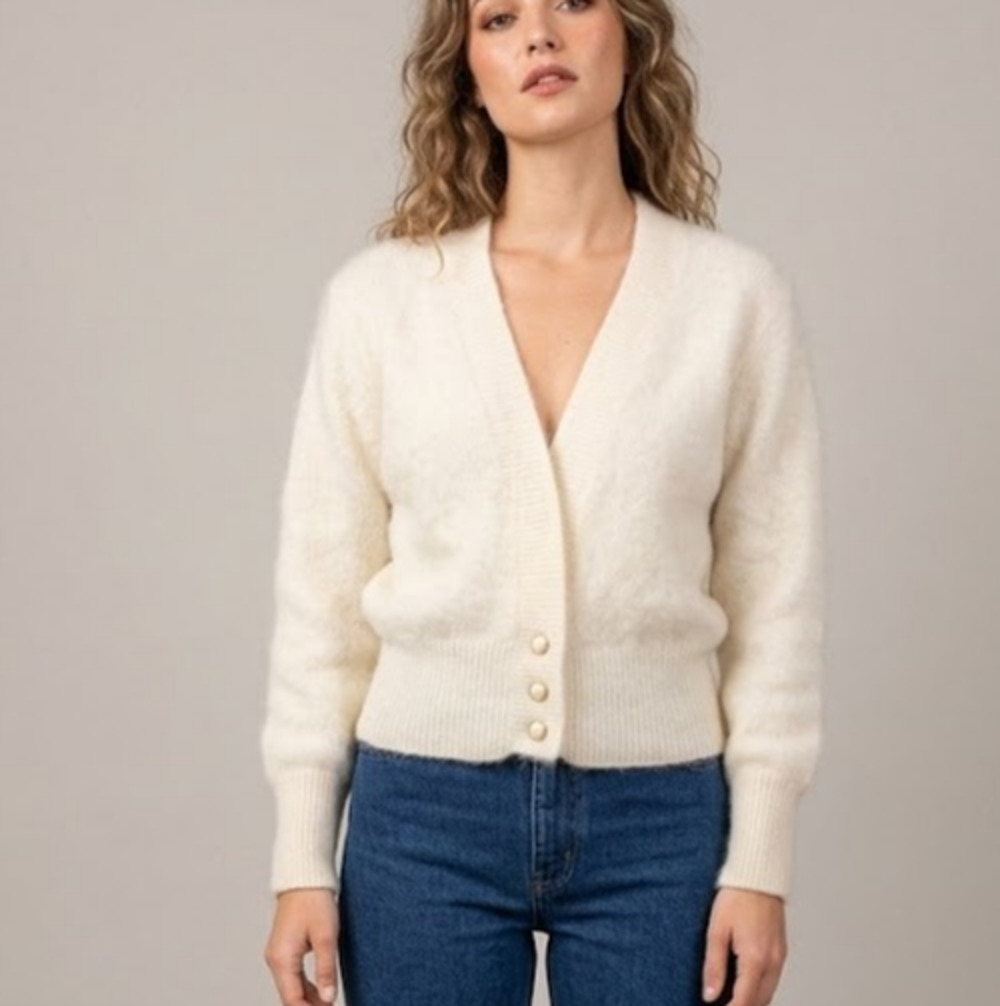 Vtg Moda Intl Angora Rabbit Hair Cardigan Sweater Cream Pearl Button M 90s Soft